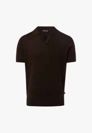 Ciemnobrązowa koszulka polo z krótkim rękawem, kołnierzykiem i dekoltem w kształcie litery V, prezentowana na jednolitym białym tle.
