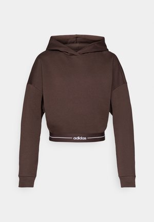 Brauner, kurz geschnittener Hoodie mit verstellbarer Kapuze, langen Ärmeln und weißem "adidas"-Logo am unteren Saum. Hergestellt aus weichem, strukturiertem Stoff.