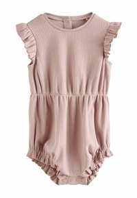 Svetlo roza rebrasti igralni kombinezon s kratkimi nagubanim rokavi, elastiko v pasu in nabranimi hlačnicami. Ima gumb na zadnji strani za zapenjanje.