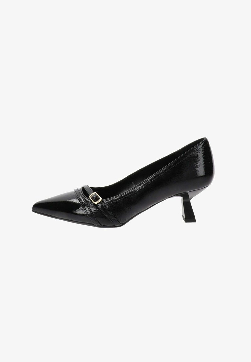 Black patent leather pump with a pointed toe, featuring two horizontal straps and a small metal buckle accent. Low block heel design.