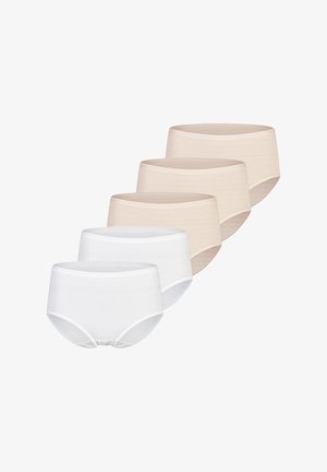 Fünf Paar Damen-Unterhosen mit hoher Taille in Weiß und Beige, gestaffelt auf einem weißen Hintergrund angeordnet.
