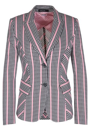 Blazer med et sort-hvidt houndstooth mønster og pink striber, to forlommer, to knapper og en glat inders mantel.