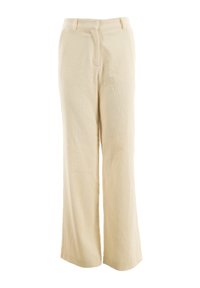 Pantaloni in corduroy beige a gamba larga con texture a righe verticali, tasche frontali e vita standard. Tessuto morbido e vestibilità ampia.
