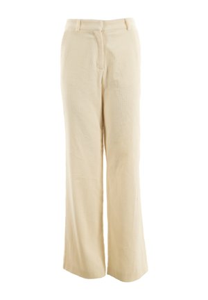 Pantaloni in corduroy beige a gamba larga con texture a righe verticali, tasche frontali e vita standard. Tessuto morbido e vestibilità ampia.