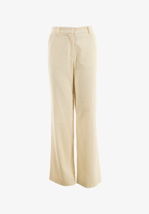 Pantalones de pana anchos color beige con textura de nervios verticales, bolsillos frontales y una cinturilla estándar. Tejido suave y corte holgado.