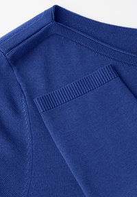Blauer Strickpullover mit glatter Textur, runder Ausschnitt, gerippten Bündchen und nahtlosem Schulterdesign.