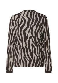 T-shirt à manches longues avec un motif zébré en marron foncé sur fond beige clair, fabriqué en tissu doux avec des poignets côtelés.