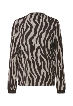 T-shirt à manches longues avec un motif zébré en marron foncé sur fond beige clair, fabriqué en tissu doux avec des poignets côtelés.
