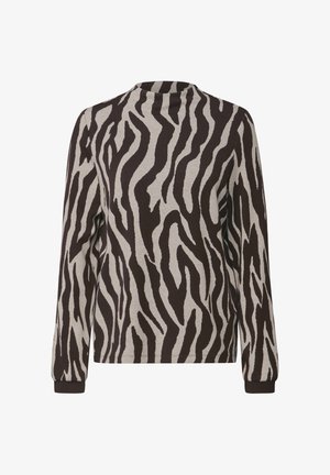 T-shirt à manches longues avec un motif zébré en marron foncé sur fond beige clair, fabriqué en tissu doux avec des poignets côtelés.