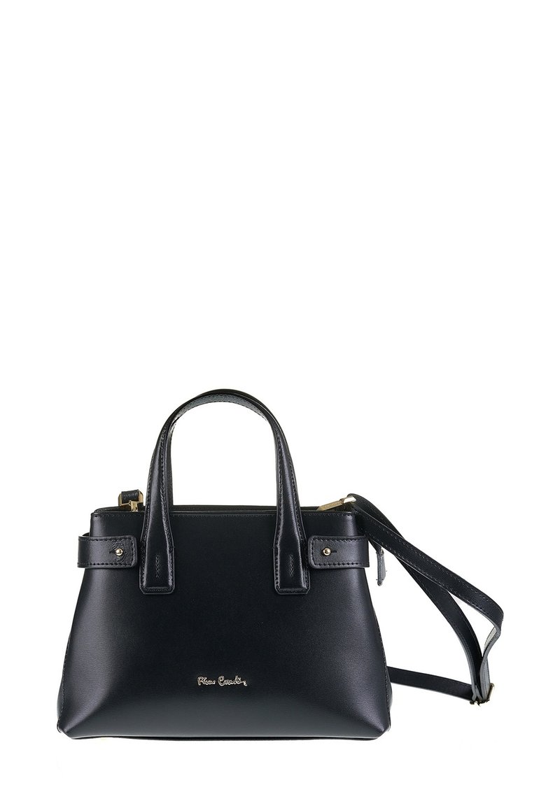 Borsa nera in pelle con doppi manici, tracolla removibile e un logo dorato sul davanti. Forma rettangolare, texture liscia.