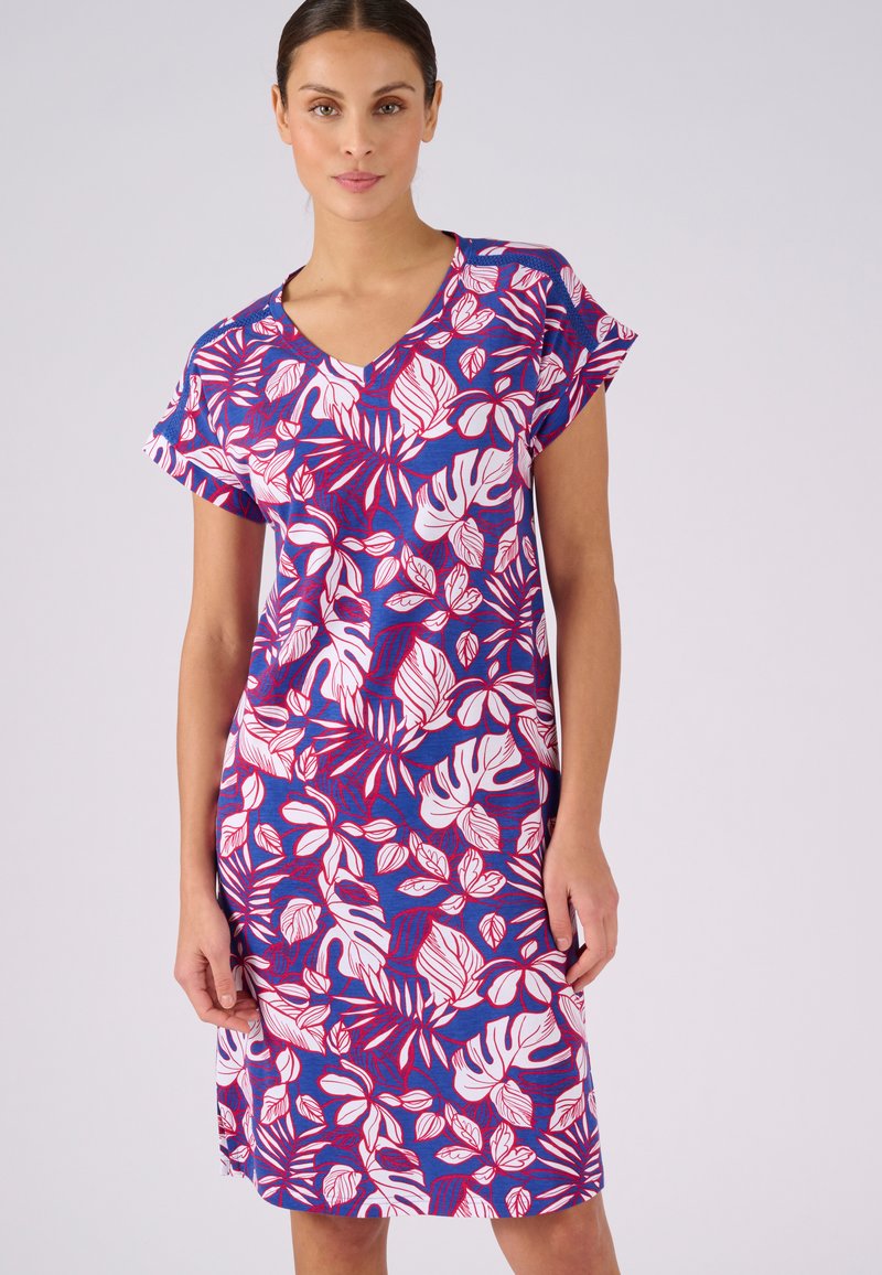 Abito a maniche corte con scollatura a V. Realizzato in tessuto morbido con uno sfondo blu vivace e un motivo floreale in rosso e bianco.