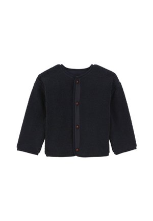 Veste en polaire bleu marine avec un col rond, des manches longues et une fermeture à boutons. Présente une texture douce et une finition contrastante le long des bords.