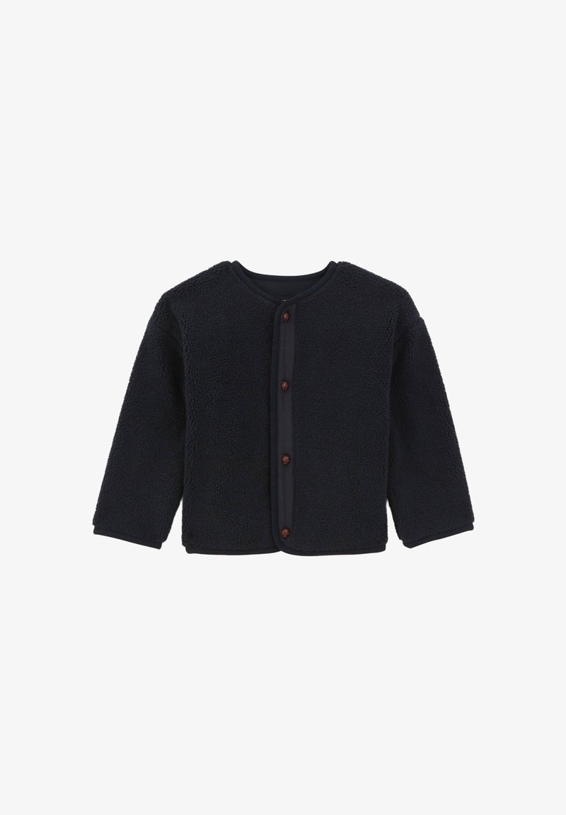 Veste en polaire bleu marine avec un col rond, des manches longues et une fermeture à boutons. Présente une texture douce et une finition contrastante le long des bords.