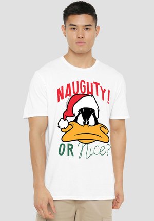 Weißes Baumwoll-T-Shirt mit einem Cartoon-Duck, die einen roten Weihnachtsmannhut trägt, Text "UNARTIG!" in Rot und "ODER nett?" in Grün. Kurze Ärmel, Rundhalsausschnitt.