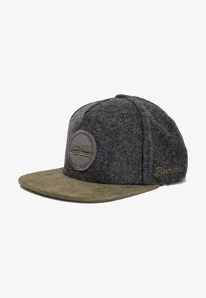 Gray felt cap with an olive green suede visor. Features a circular logo on the front and an embroidered brand name on the side.