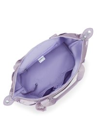 Tan shoulder bag with zip closure, purple lining, inner pockets, and keychain attachment. Features soft texture and dual handles.