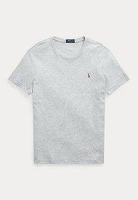 Vaaleanharmaa lyhythihainen puuvillainen t-paita, jossa pyöreä pääntie ja pieni kirjailtu Polo Ralph Lauren -logo vasemmassa rinnassa.
