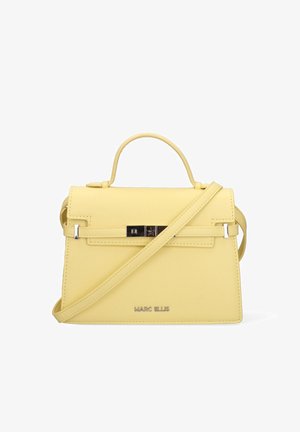 Gele gestructureerde leren handtas met bovenhandvat, detail van de voorriem, zilveren gesp en Marc Ellis-logo, voorzien van een crossbody schouderriem.