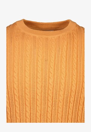 Sweter dziany w kolorze pomarańczowym z prążkowanym wzorem i splotami warkoczowymi. Posiada okrągły dekolt oraz miękki, elastyczny materiał dla wygody.