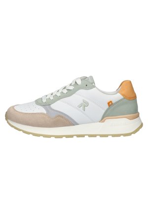 Lace-up sneakers featuring white leather, light green and beige suede accents, textured sole, and orange logo detail on heel.