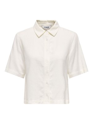 Hvid kortærmet skjorte med krave, knapper og en lige kant forneden samt en label med teksten "ONLY" inde i kraven.