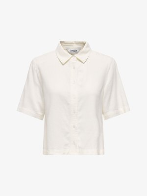 Witte korte mouw blouse met kraag en knopen, met een rechte zoom en een label met de tekst "ONLY" aan de binnenkant van de kraag.