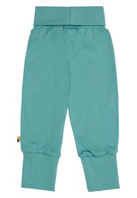 Turquoise katoenen broek met een elastische tailleband, geplooide details aan de voorkant, en geribbelde boorden. Kleine multicolore label aan de zijkant.