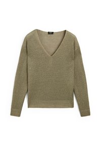 Olivengrüner Strickpullover mit tiefem V-Ausschnitt, langen Ärmeln und gerippten Säumen und Bündchen. Weiche Textur mit glatter Oberfläche.