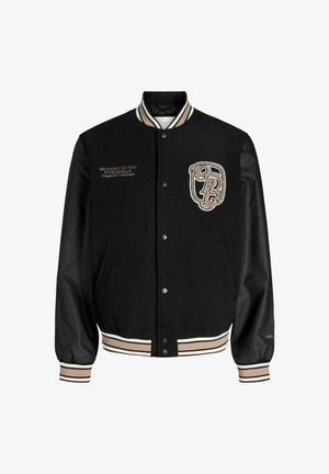 Giacca varsity nera con maniche in pelle, colletto e polsini a righe beige e bianche, lettering e logo ricamati sul petto.