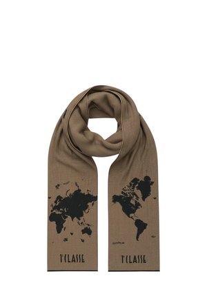 Sciarpa marrone con stampe nere della mappa mondiale su entrambe le estremità e testo "1ª CLASSE" sotto le mappe, piegata a anello.