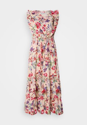 Vestido maxi floral com um fundo bege claro, mangas com babados, decote em V profundo, cintura elástica e saia em camadas com vibrantes flores vermelhas e roxas.