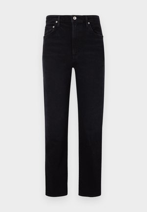 Blugi negri din denim, cu o croială dreaptă, dotati cu un design clasic cu cinci buzunare, închidere cu nasture metalic și detalii minimaliste de cusătură.