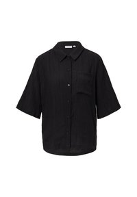 Schwarzes kurzärmliges Button-Up-Hemd aus strukturiertem Stoff, mit spitzem Kragen und einer Brusttasche. Verfügt über einen lässigen Schnitt und einen abgerundeten Saum.