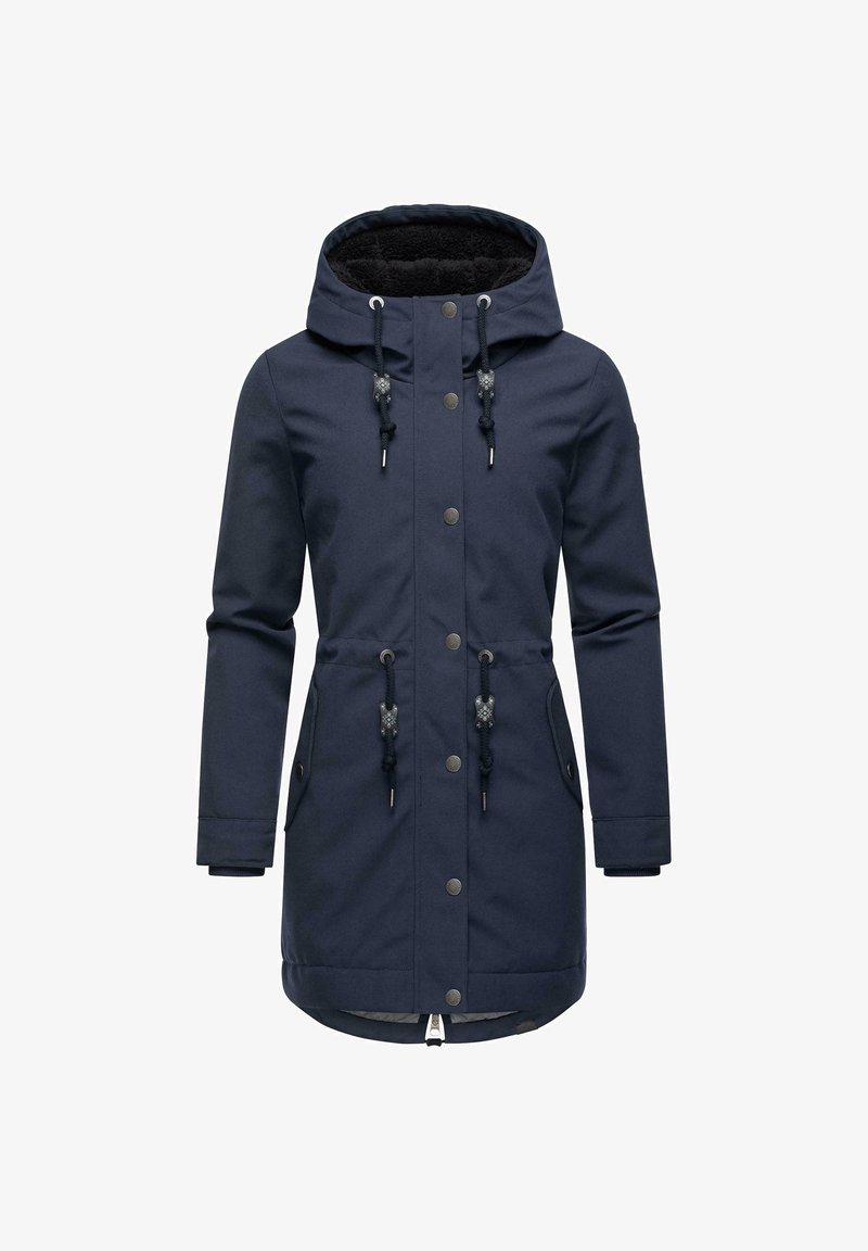 Marineblå parka jakke med hætte, med trykknapper, snoreliv, sidelommer og et blødt indre foder.