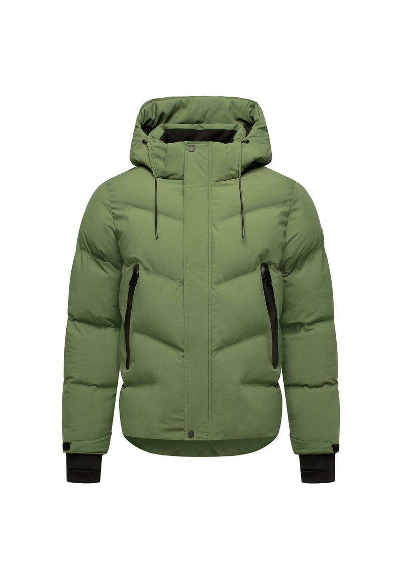 Giacca imbottita verde con cappuccio, dotata di tasche nere con zip, polsini elastici e design trapuntato. Texture liscia, materiale leggero.