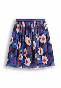 Spódnica w kwiaty z ciemnoniebieskim tle oraz dużymi, kolorowymi kwiatami w odcieniach czerwieni, bieli i zieleni. Elastyczny pasek w talii, plisowany fason.