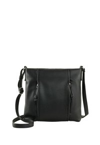 Schwarze Leder-Crossbody-Tasche mit strukturierten Oberfläche, ausgestattet mit zwei Reißverschlussfächern auf der Vorderseite und einem verstellbaren Riemen.