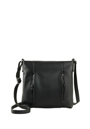 Borsa a tracolla nera in pelle con superficie testurizzata, dotata di due tasche con zip sulla parte anteriore e una tracolla regolabile.