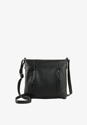 Black leather crossbody bag with a textured surface, featuring two zipper pockets on the front and an adjustable strap.