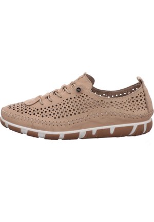 Beige casual shoe with perforated upper, stitched details, lace-up front, and brown and white flexible rubber sole.