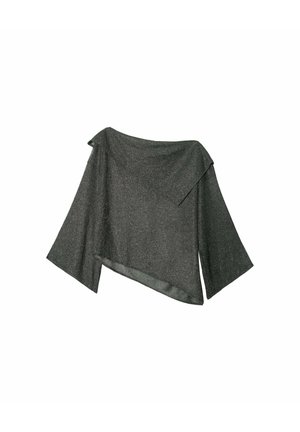 Top negro brillante con escote off-the-shoulder y mangas anchas, con un dobladillo asimétrico y tela suave y texturizada. Adecuado para superponer capas.