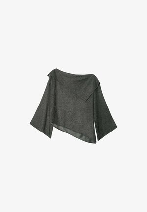 Top negro brillante con escote off-the-shoulder y mangas anchas, con un dobladillo asimétrico y tela suave y texturizada. Adecuado para superponer capas.