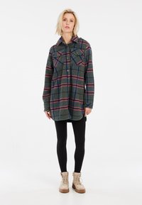 Groene geruite oversized overhemdjacket met roze en blauwe strepen, met een knoopsluiting, twee borstzakken en een capuchon.