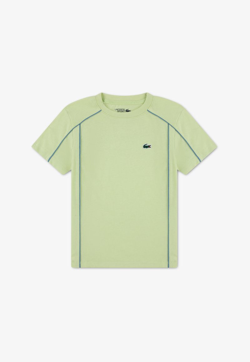 Ανοιχτό πράσινο κοντομάνικο μπλουζάκι με μπλε ραφές και μικρό λογότυπο Lacoste στο αριστερό μέρος του στήθους. Μαλακό βαμβακερό ύφασμα, λαιμόκοψη στρογγυλή.