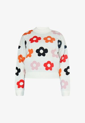 Fehér kötött pulóver színes virágmintákkal, rózsaszín, piros, narancs, fekete és tengerészkék színekben. Kerek nyakkivágással és bordás mandzsettákkal rendelkezik.