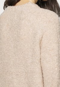 Helles beige, strukturiertes Sweatshirt mit rundem Halsausschnitt und lockerem Schnitt. Es besteht aus einem weichen, flauschigen Material, verfügt über sichtbare Nähte und hat keine sichtbaren Muster.