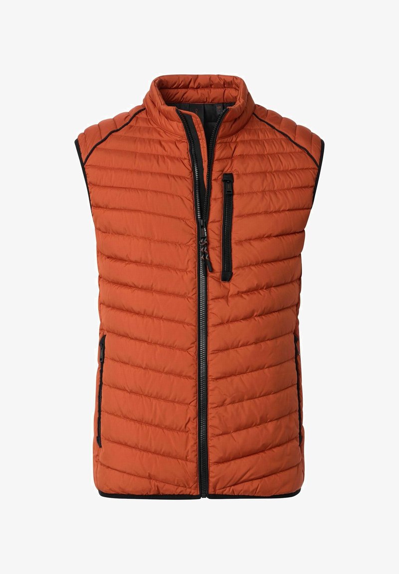 Gepolsterte ärmellose Weste in verbranntem Orange mit hohem Kragen, vertikalen Reißverschlusstaschen, kontrastierenden schwarzen Verzierungen und einer gesteppten Textur.