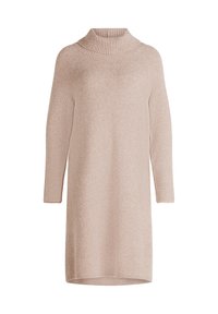 Abito turtleneck lavorato a maglia di colore rosa chiaro, con maniche lunghe, texture a coste e una vestibilità rilassata. Arriva a metà coscia con orlo dritto.