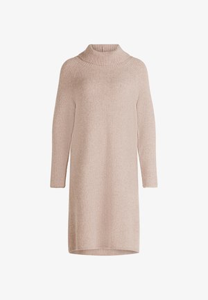 Jasnoróżowa dzianinowa sukienka z golfem, z długimi rękawami, prążkowaną fakturą i luźnym krojem. Sięga do połowy uda z prostym wykończeniem.