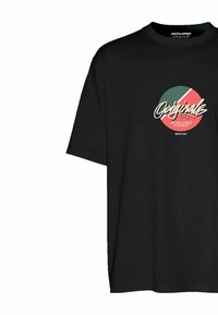 Camiseta de algodón negra de manga corta, con un gráfico circular en rojo, verde y blanco, con la palabra "Originals" en cursiva.